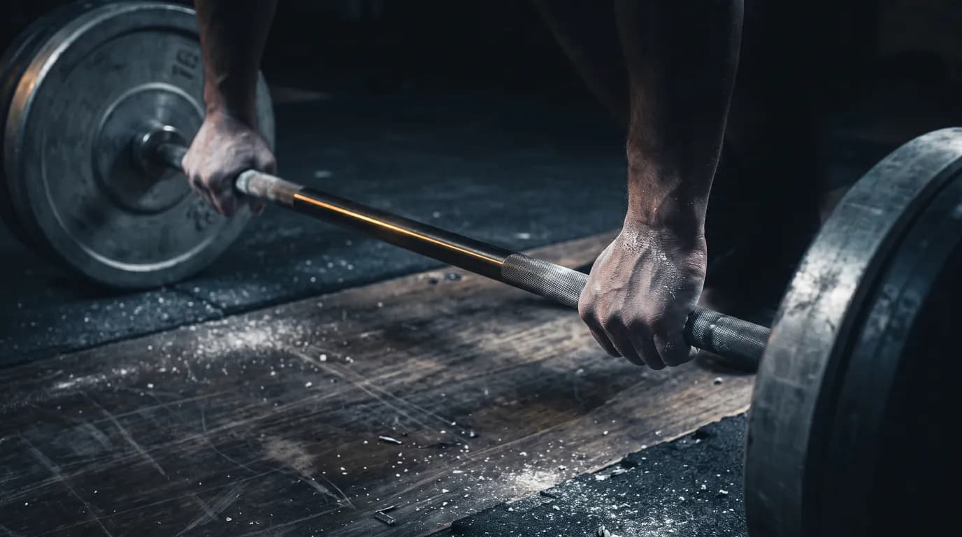 Chalked hands gripping a loaded barbell