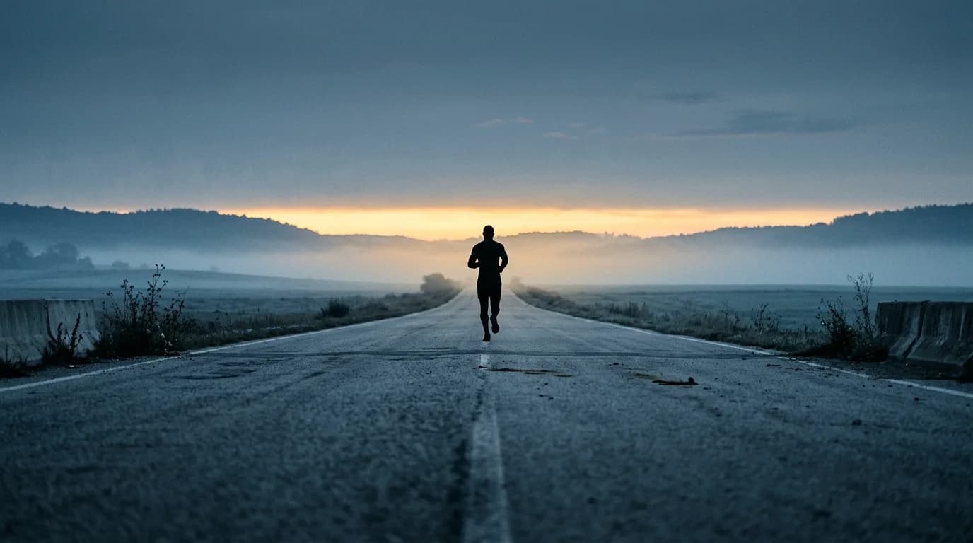 A lone figure walking an empty road at dawn